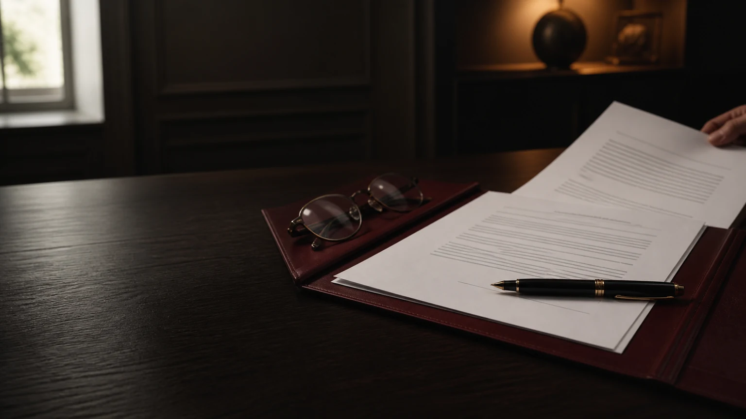 Documentos contratuais, caneta e óculos sobre uma secretária escura